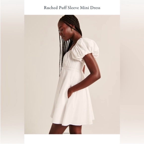 Abercrombie & Fitch Mini ruched puff sleeve smocked Dress white flowy A&F M - Picture 10 of 10